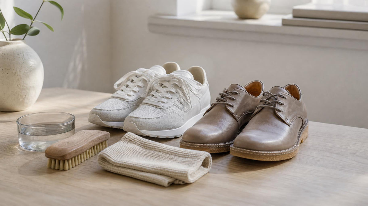 Sneakers og lædersko i naturligt lys på et lyst gulv