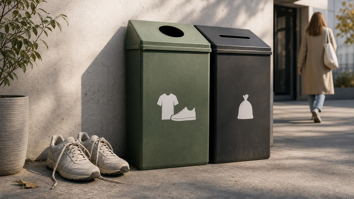 Neutralt stemningsbillede af sneakers klar til sortering eller genbrug