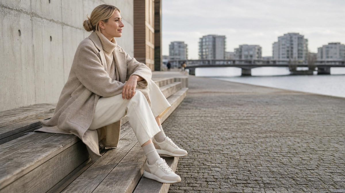 Neutralt stemningsbillede af moderne sneakers til kvinder i skandinavisk stil
