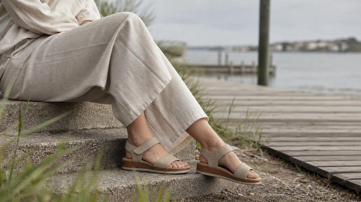 Sandaler med svangstøtte fra WODEN i naturligt, skandinavisk miljø