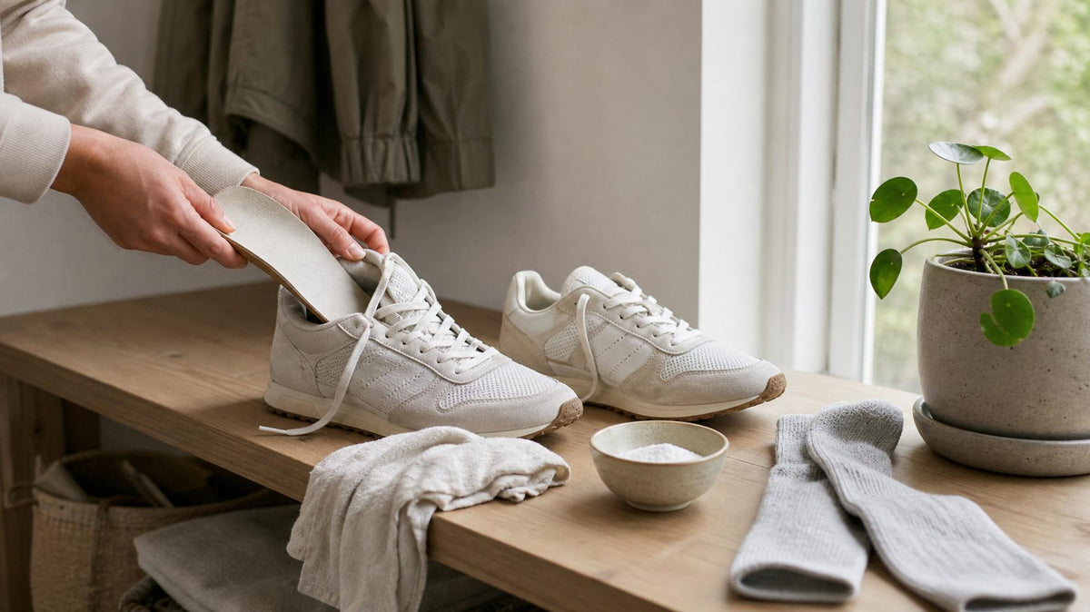 Lyst, neutralt billede af sneakers i et skandinavisk hjemmemiljø