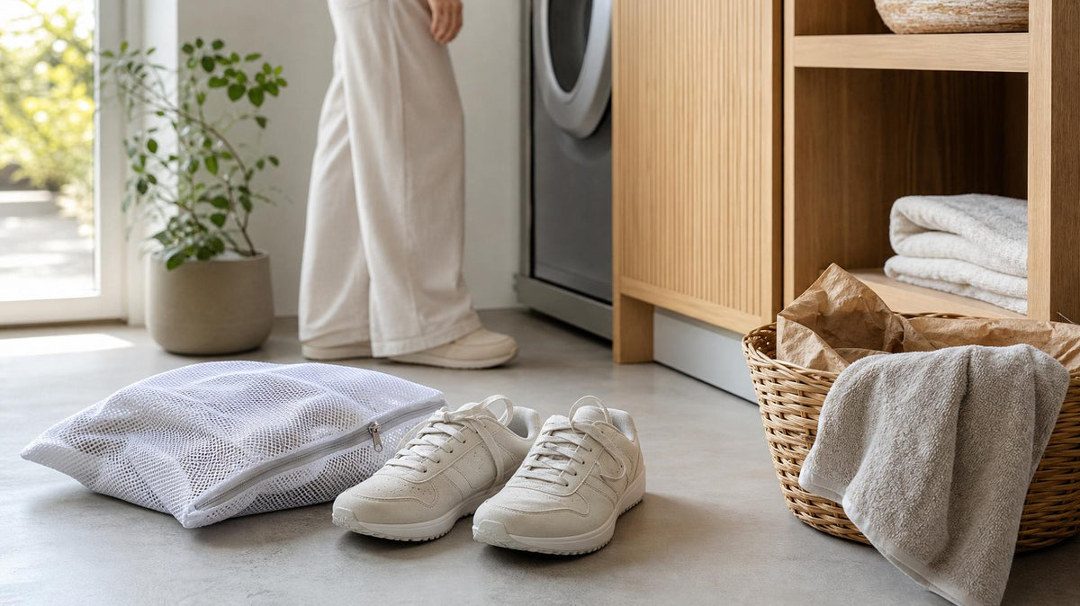 Lyst skandinavisk rum med rene sneakers, vaskepose og håndklæde på en træbænk