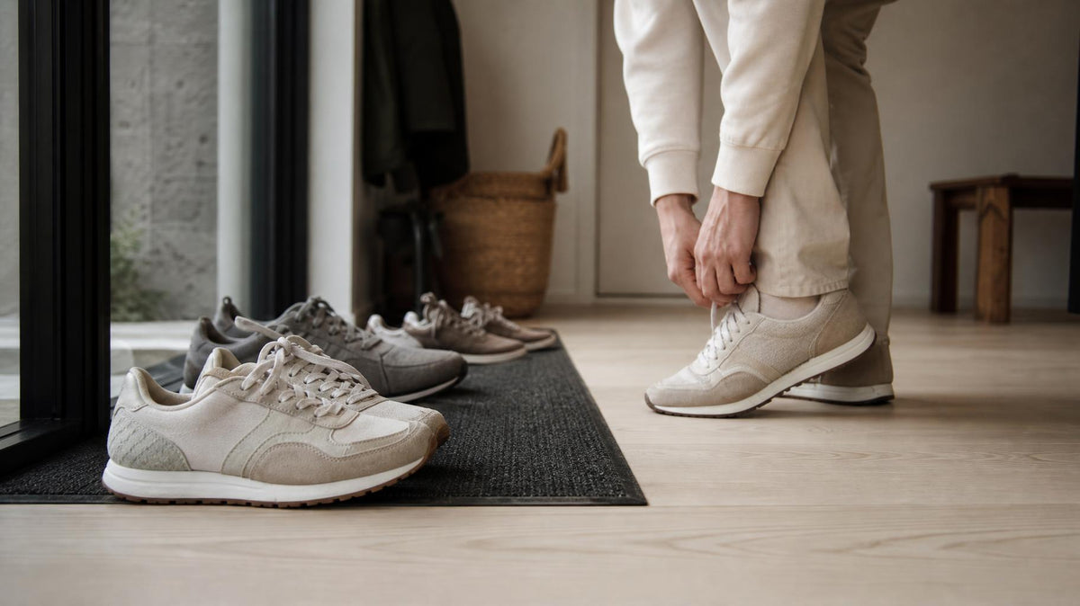 Neutralt stemningsbillede af et par sneakers på et lyst gulv