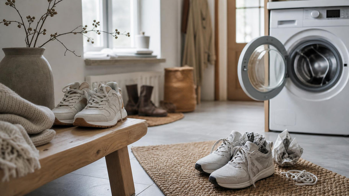 Våde sneakers og sko, der lufttørrer indendørs på en rolig dag