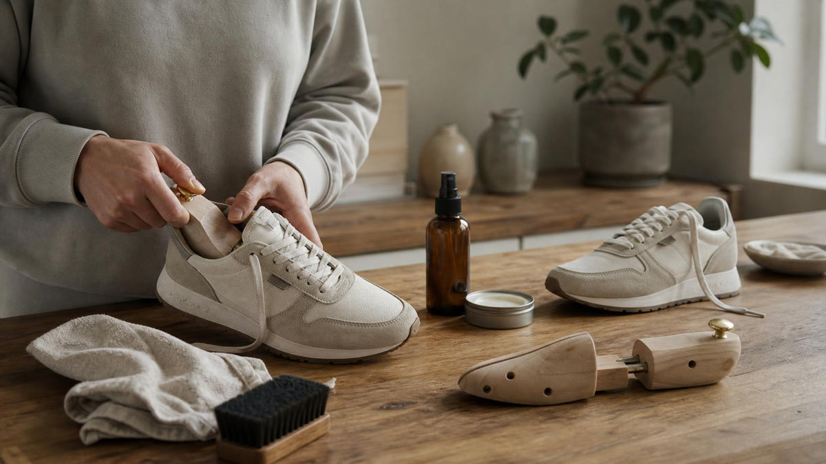 Kvinde prøver forsigtigt et par sneakers i lyse omgivelser