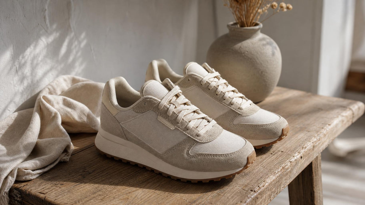 Neutralt stemningsbillede af sneakers i skandinavisk design fra WODEN