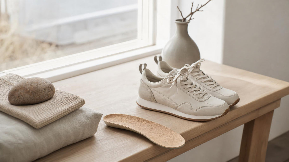 Neutralt stemningsbillede af moderne sko og sandaler i skandinavisk stil