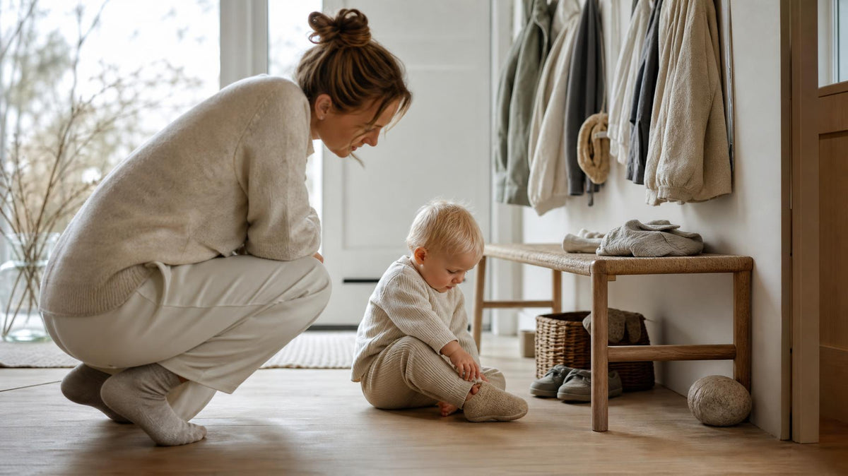 Lille barn leger indendørs med bare fødder på et lyst trægulv