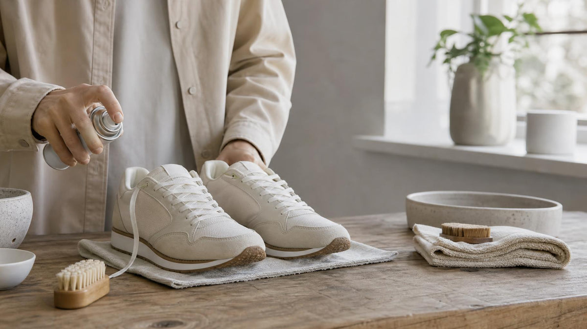 Neutralt stemningsbillede af sneakers og sko i nordisk hverdag
