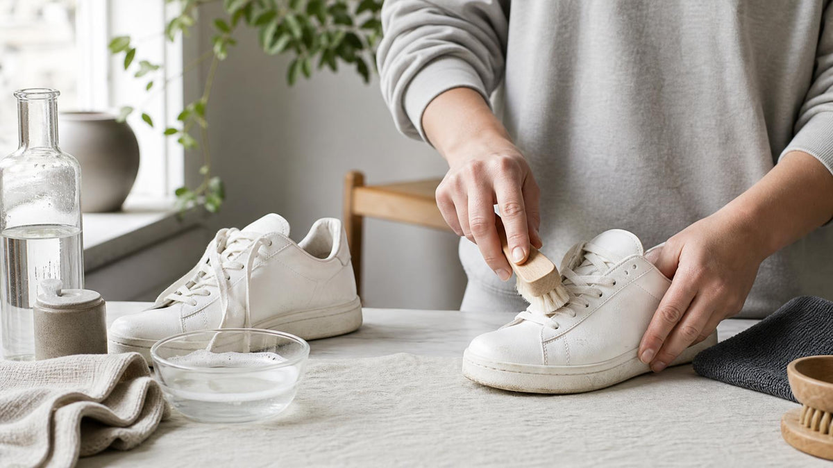 Hvide sneakers i et lyst, skandinavisk hjem med rolig stemning