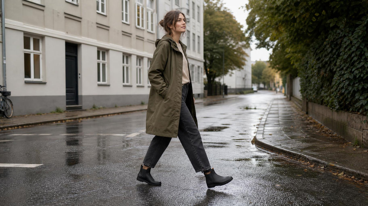 Kvinde i regnvejr iført moderne, komfortable gummistøvler i skandinavisk bymiljø