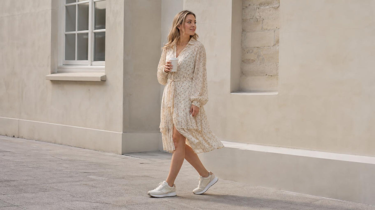 Kvinde i kjole og sneakers i et lyst, skandinavisk miljø