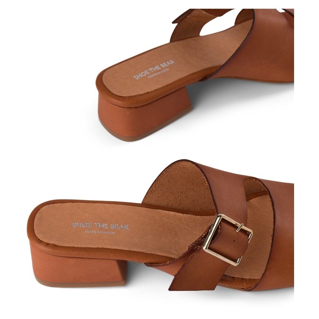 SHOE THE BEAR WOMENS Cala Buckle Mule Heeled Sandals 135 TAN